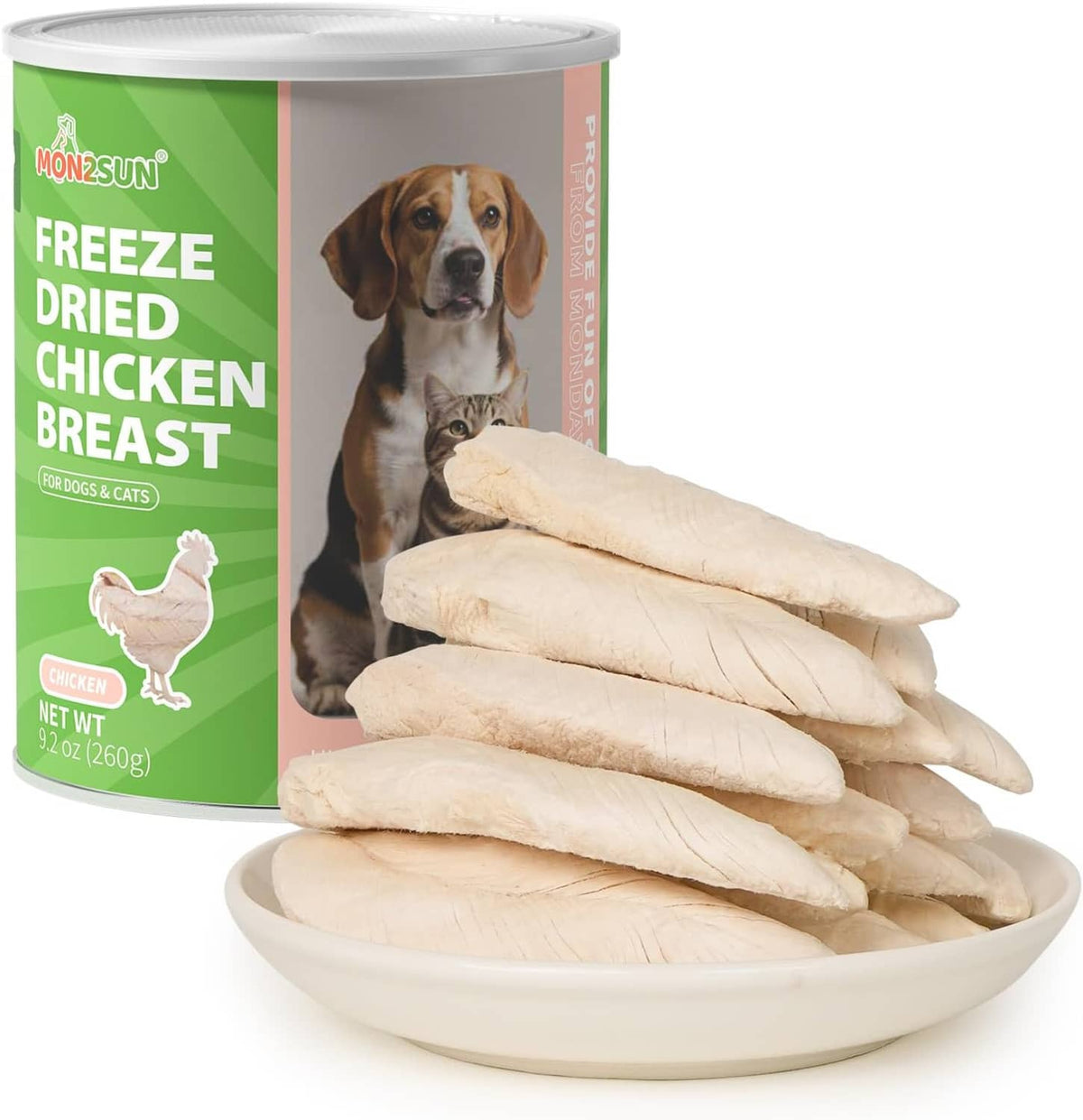 Freeze-dried chicken breast pet treats shown with container and plate of strips