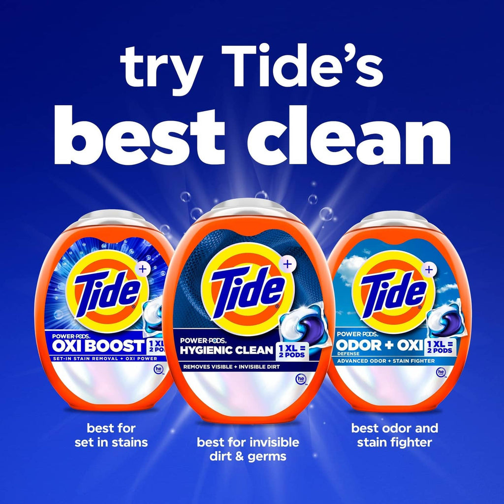 Three Tide laundry detergent PODS containers on blue background