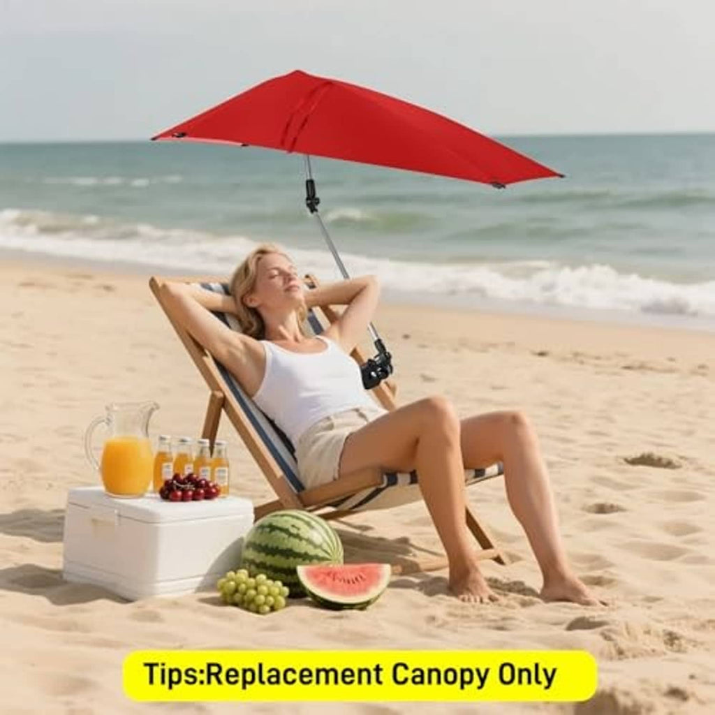 Red deployed beach umbrella replacement canopy with center button and rib seams