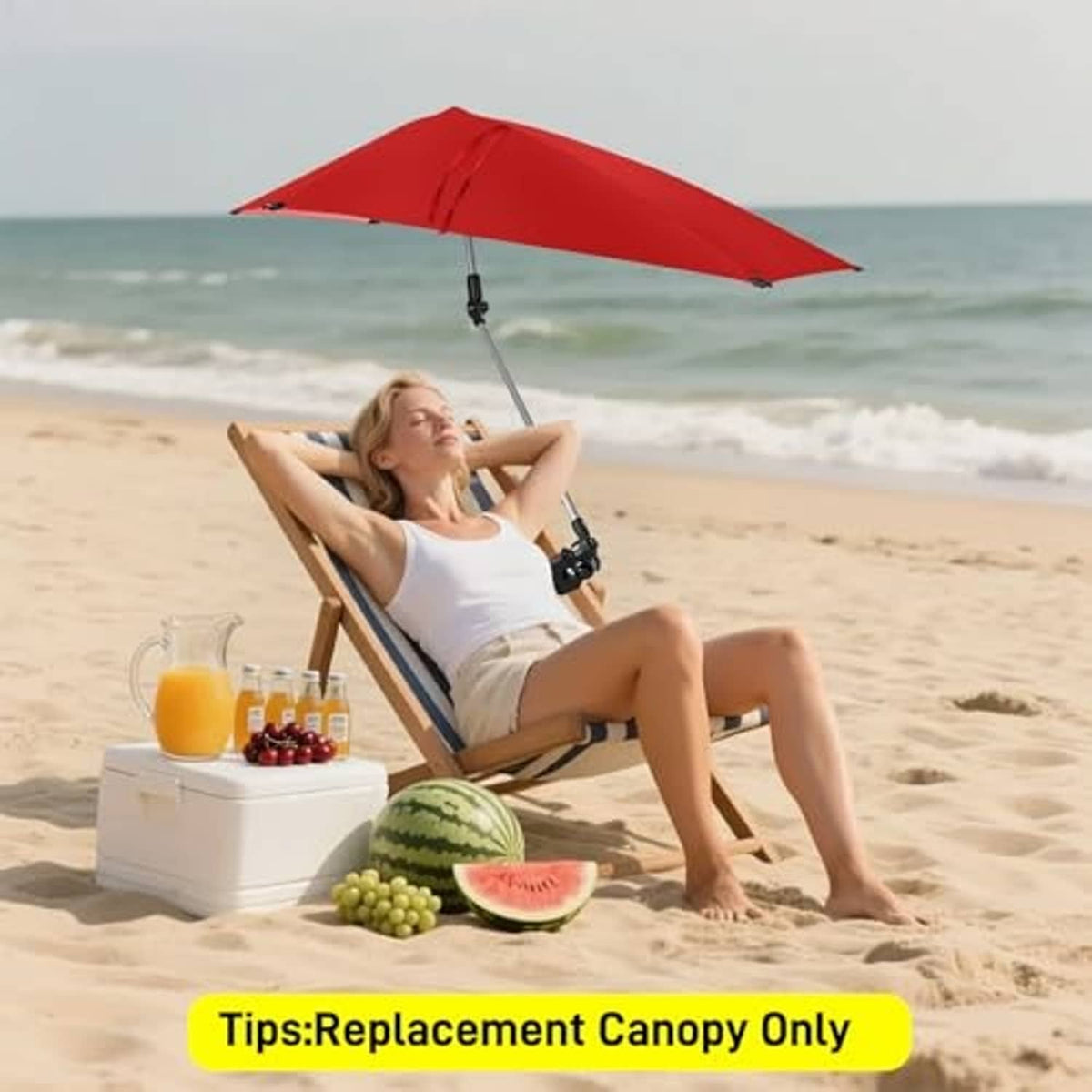 Red deployed beach umbrella replacement canopy with center button and rib seams