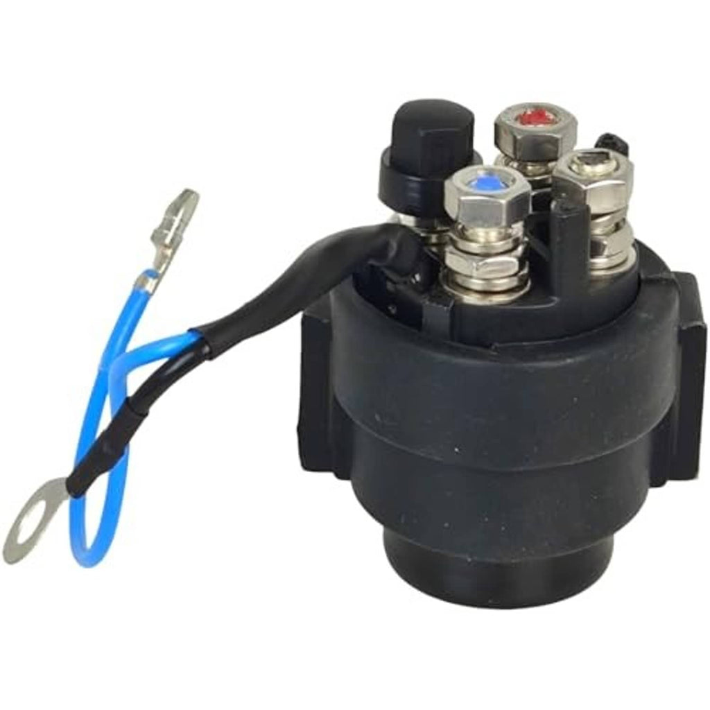 Round black relay module with blue/black wires and exposed metal terminal studs