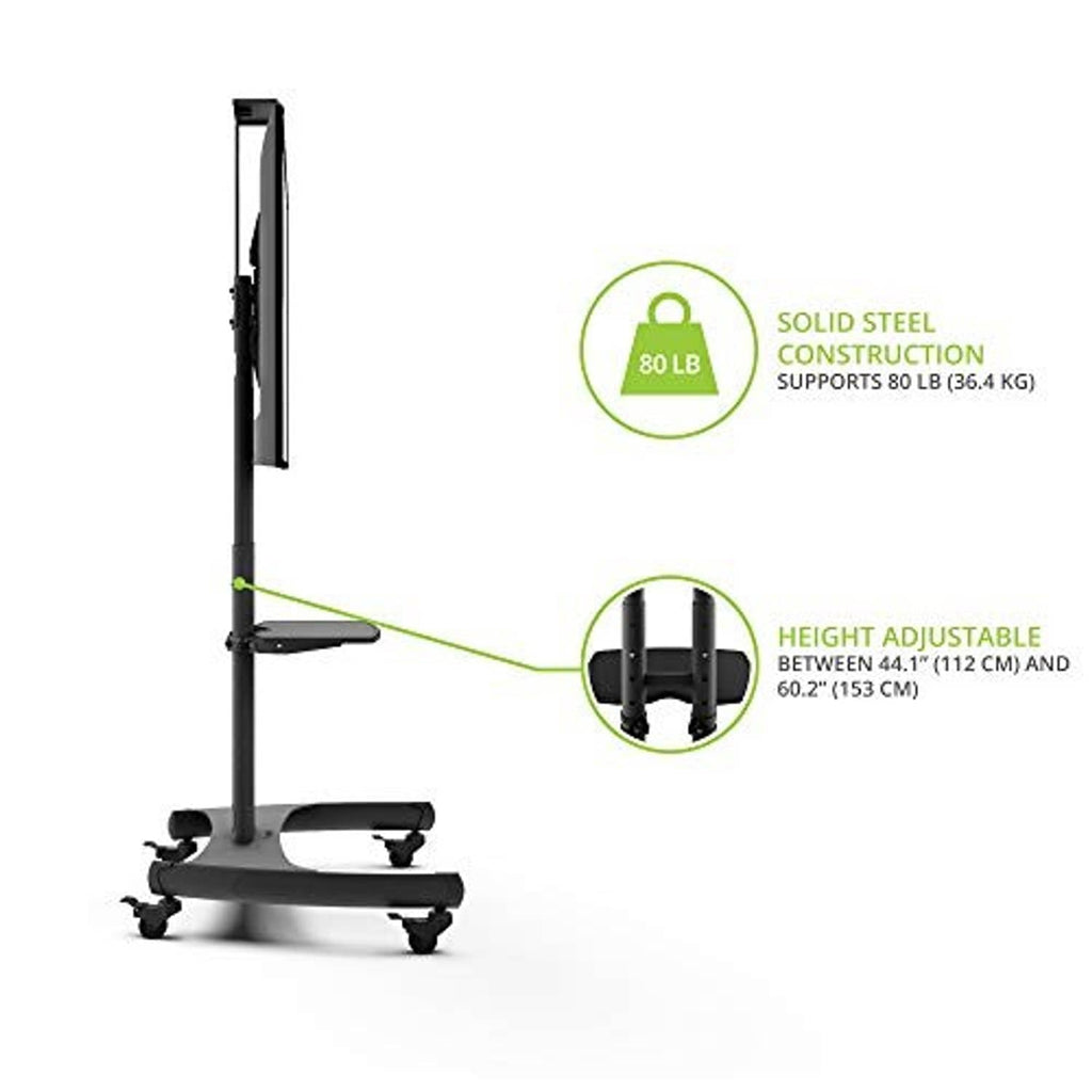 Solid steel height-adjustable mobile TV stand with black base and locking wheel casters