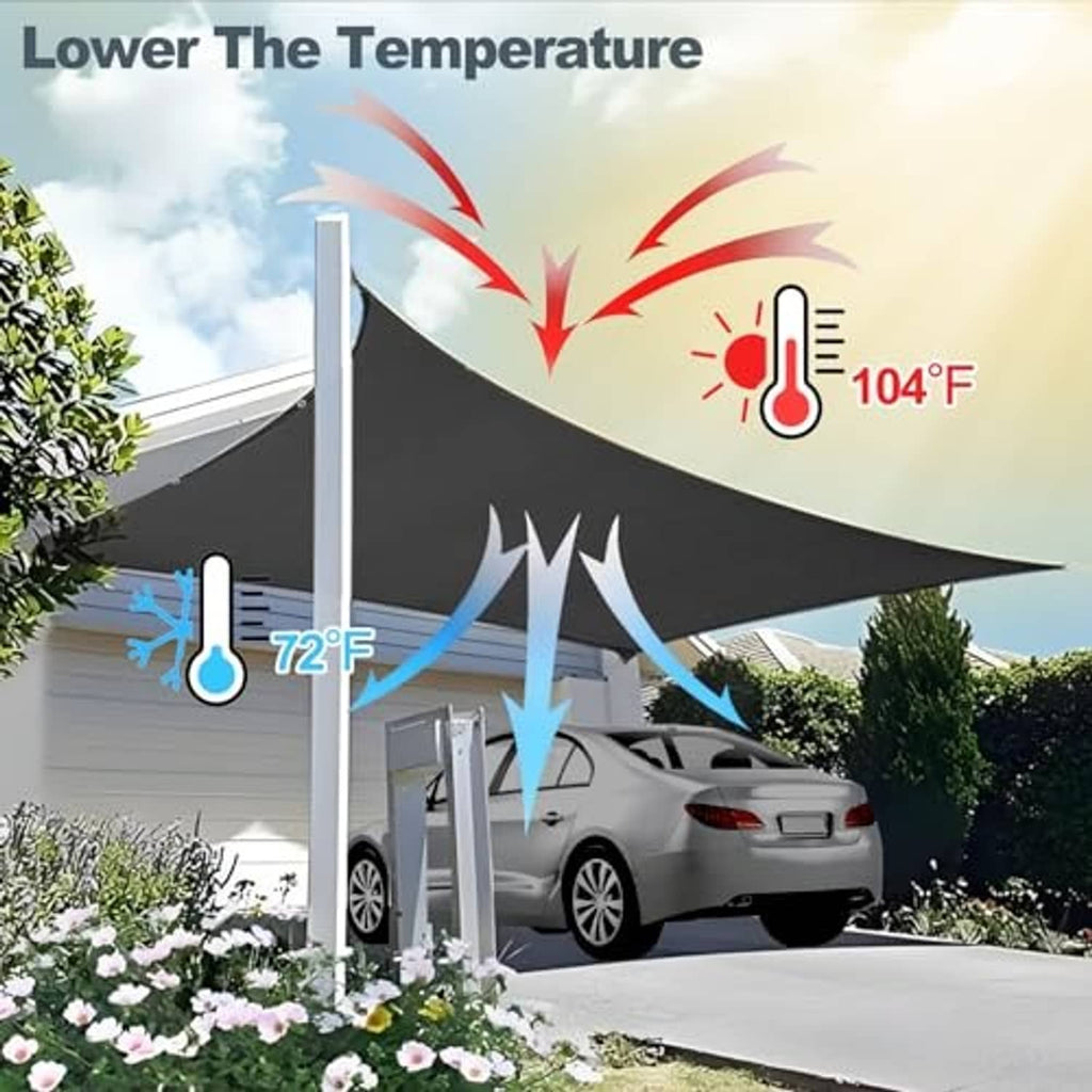 Black shade cloth stretched overhead to provide cooling cover for a parked car