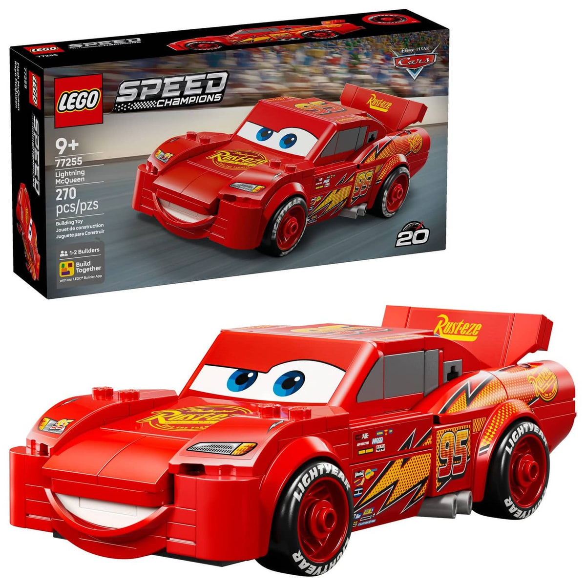 Retail box and red buildable Lightning McQueen-style race car toy, front three-quarter view