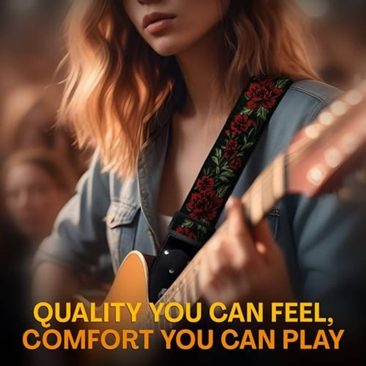 Floral woven guitar strap with red flower pattern worn by guitarist
