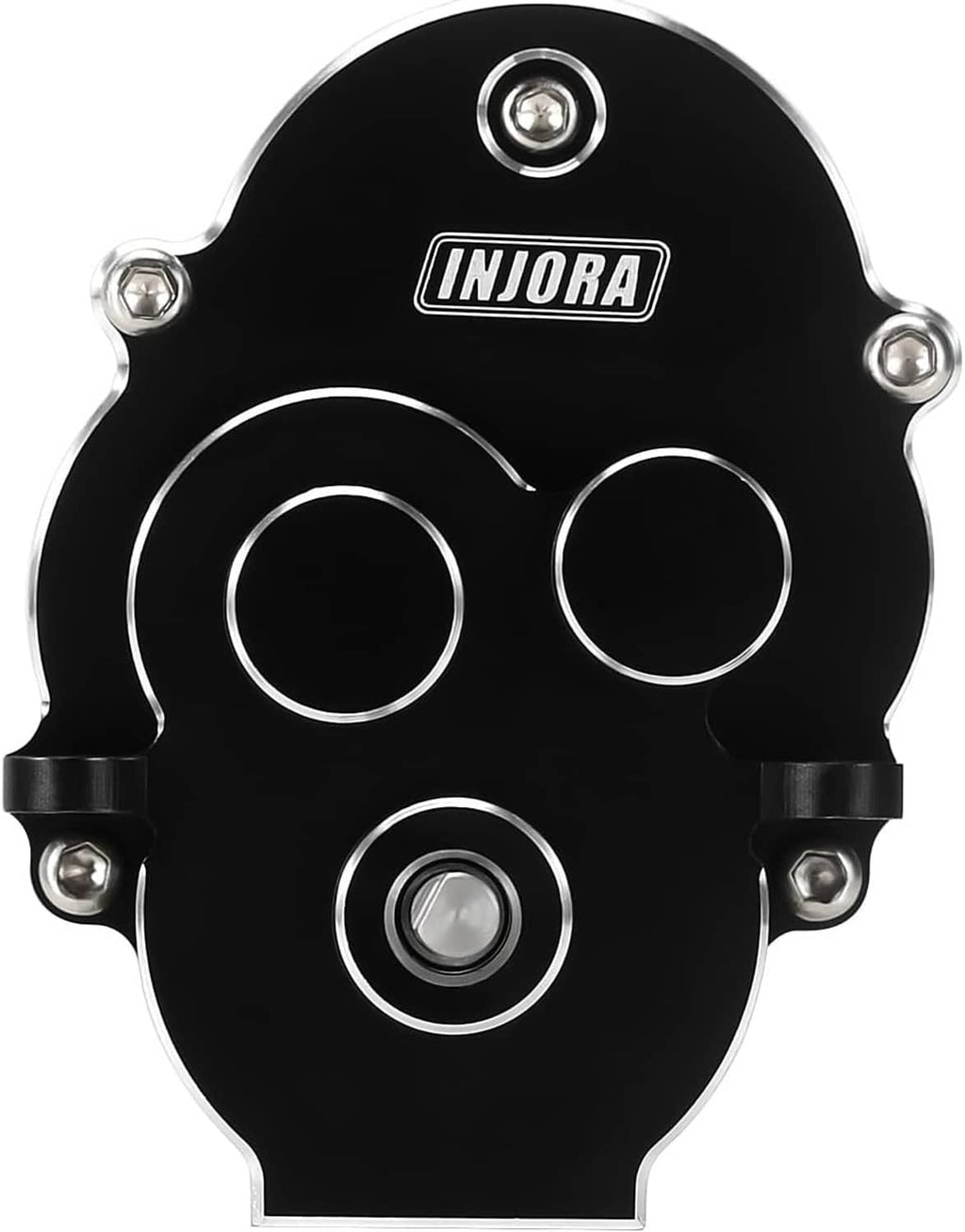 INJORA CNC transmission housing, black with top logo and three circular ports