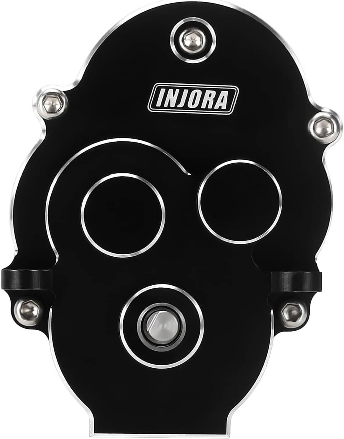 INJORA CNC transmission housing, black with top logo and three circular ports