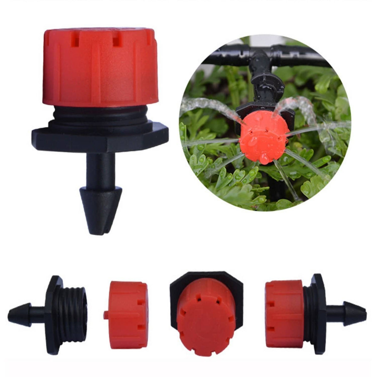Red-top and black drip emitter nozzle with threaded parts and tips
