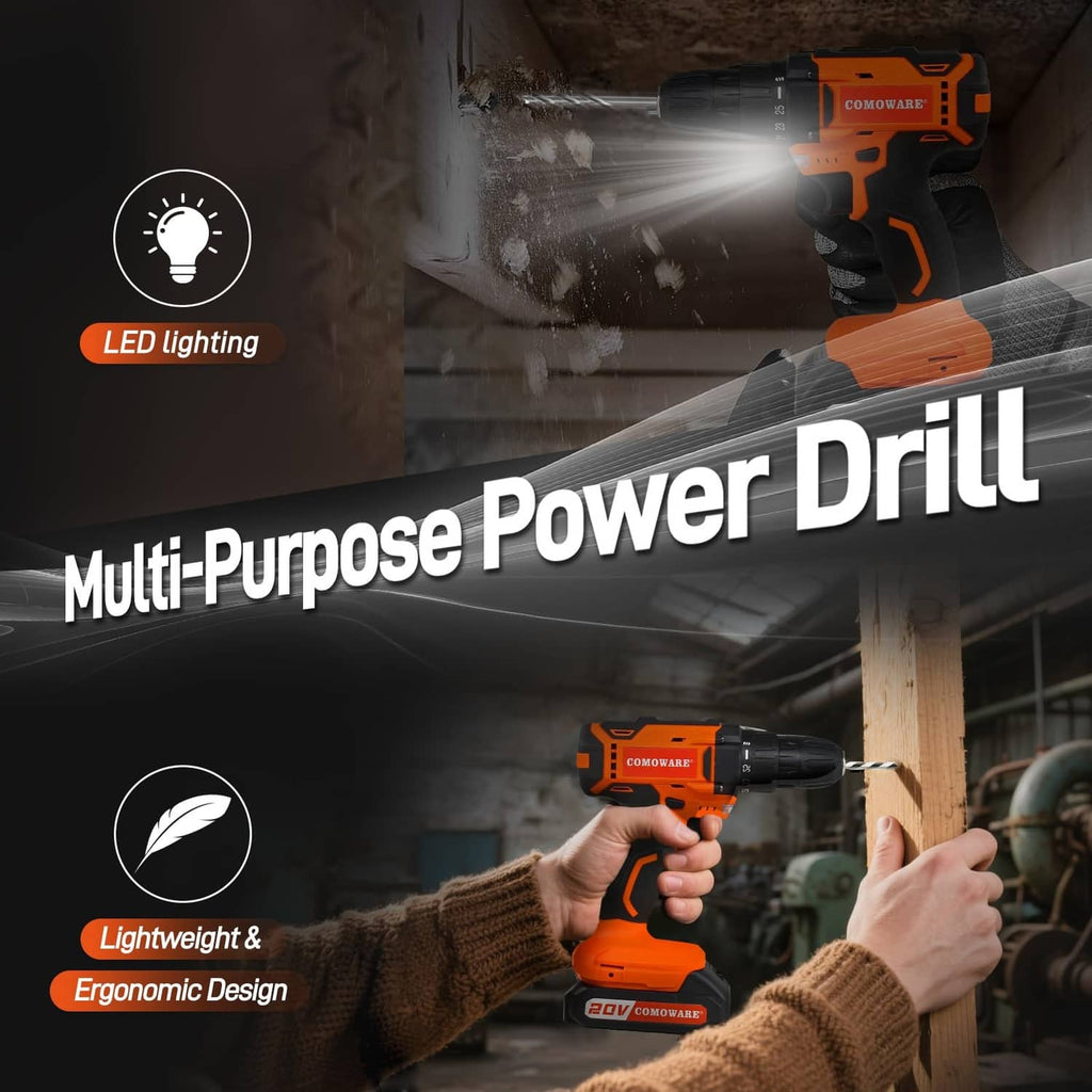 Orange and black cordless drill driver with LED light for drilling tasks