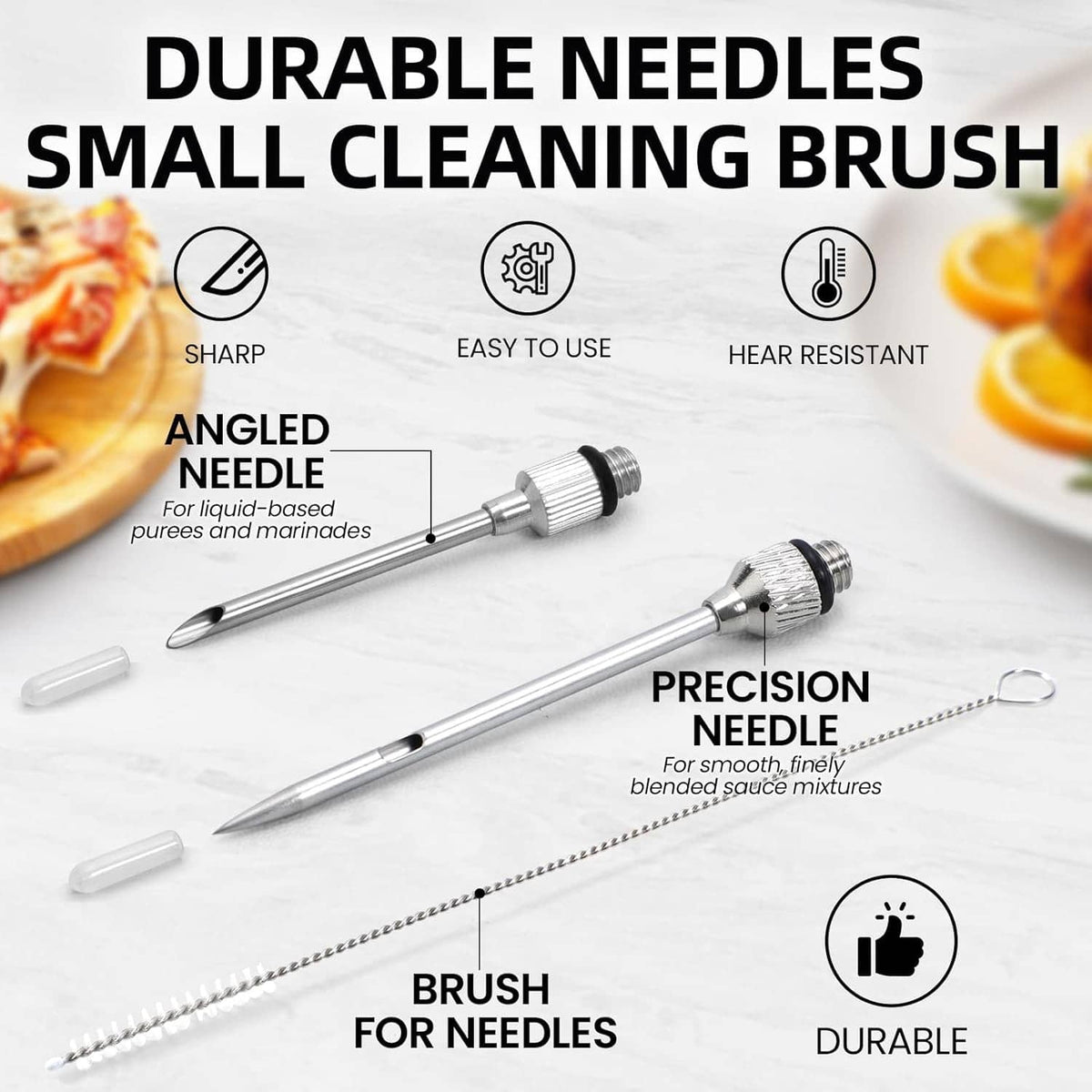 Turkey baster injector needle with cleaning brush and precision needle tips