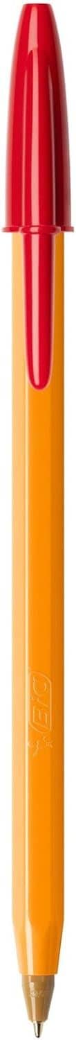 Orange fine-tip pen with red tip and barrel, close-up