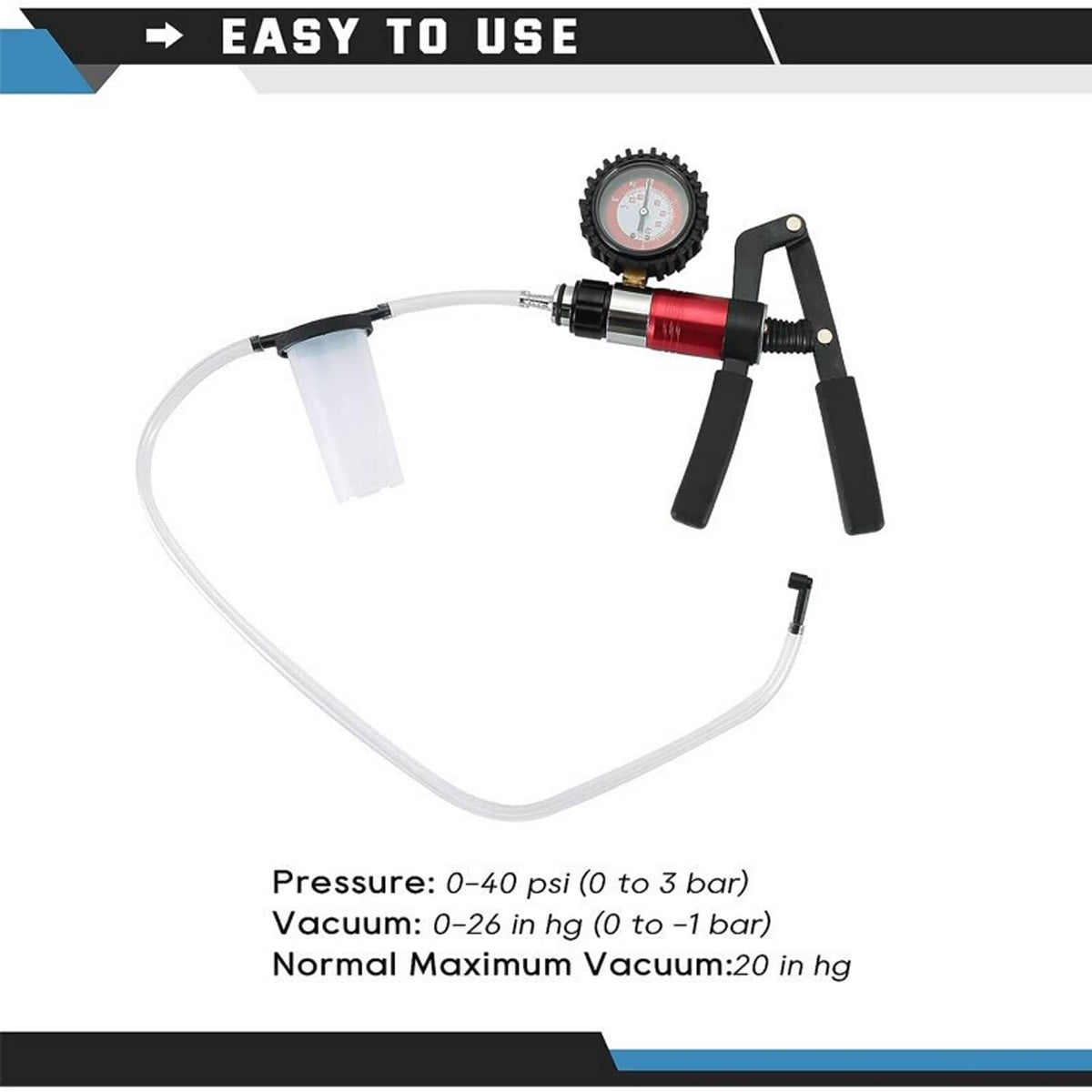 Hand pump tester with red cylinder, black handle, and dial gauge with clear tubing