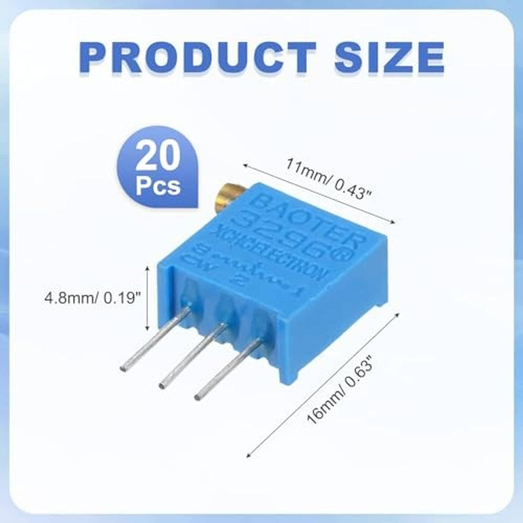 Blue side-adjustable multiturn trimmer potentiometer with three metal pins, gold terminal