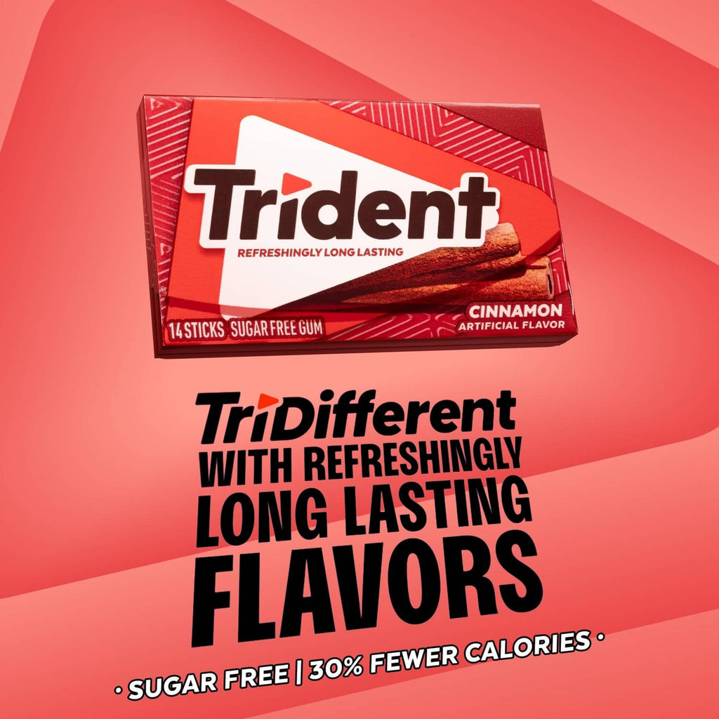 Trident cinnamon sugar-free gum pack, 14 sticks, red package with flavor badge