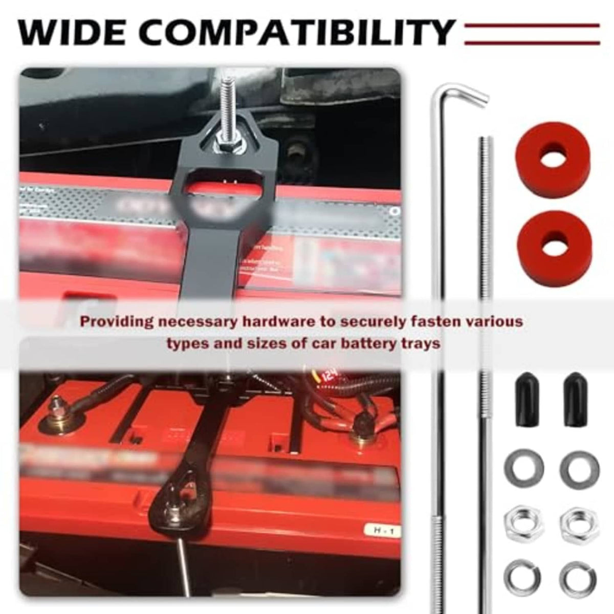 Metal battery hold-down J hooks with red washers and assorted nuts for mounting