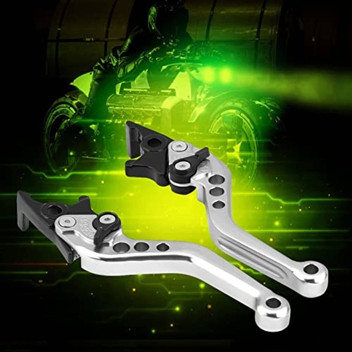 Pair of silver motorcycle brake levers with black lever blades and drilled inserts