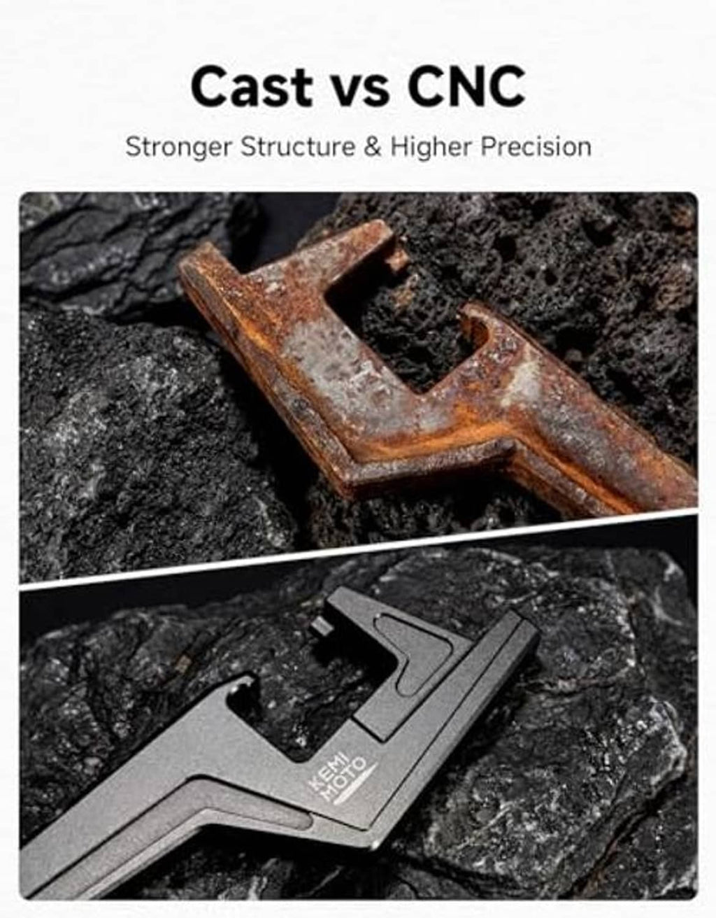 Black CNC-style passenger footpeg with textured metal surface shown on rugged rock