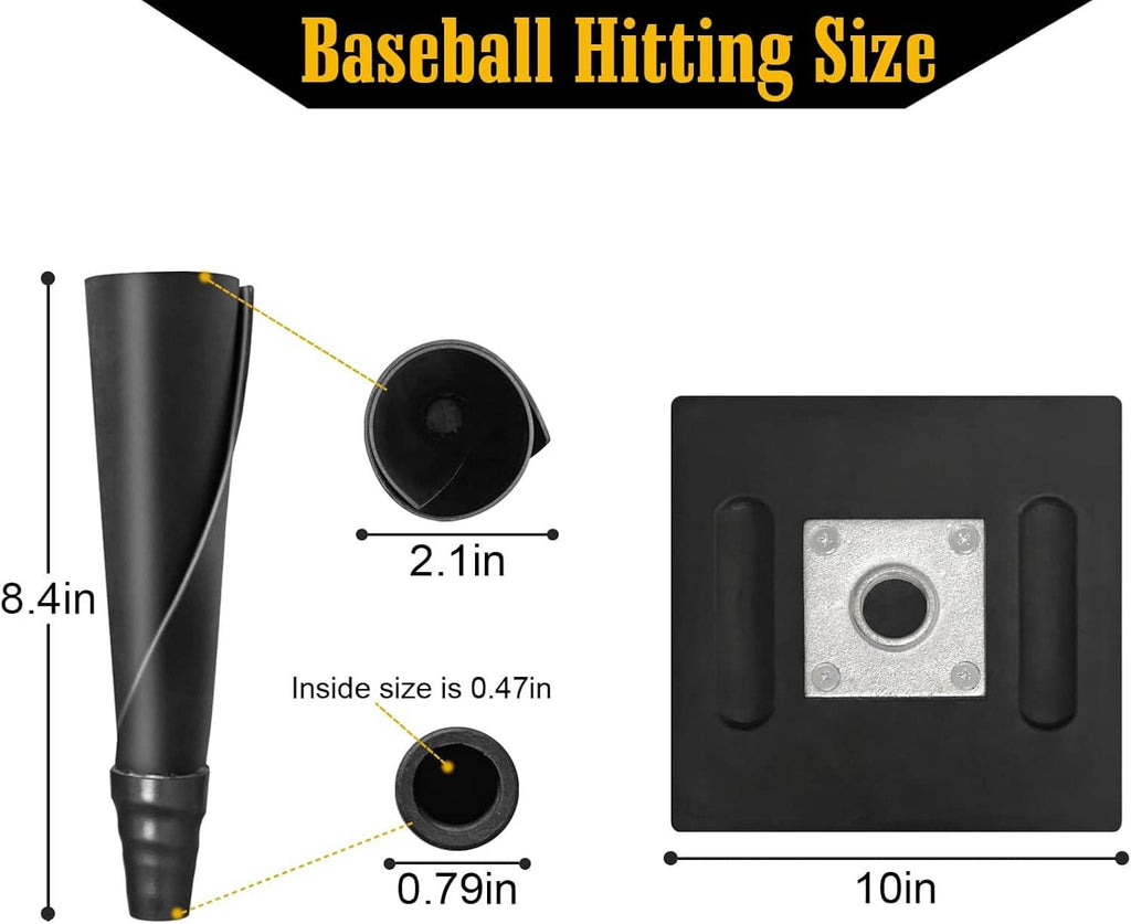 Baseball batting tee top and base size diagram, showing black rubber cup and mount