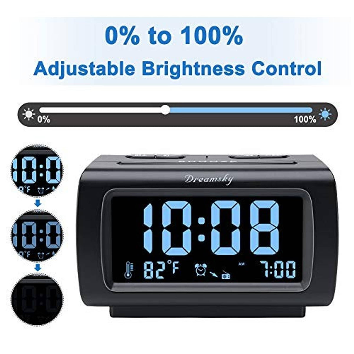 Black alarm clock radio with adjustable brightness control and blue LED display