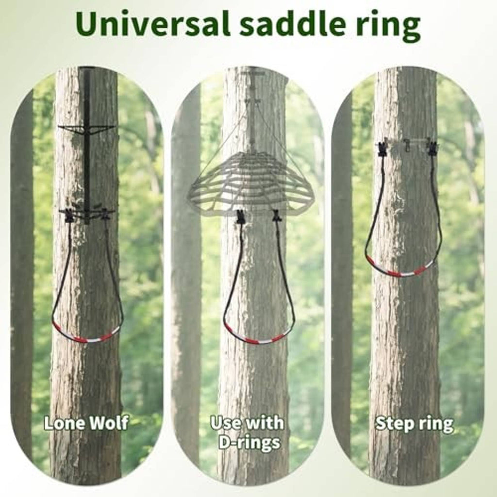 Single step aider rope loop with red trim, universal ring mounting options on a tree