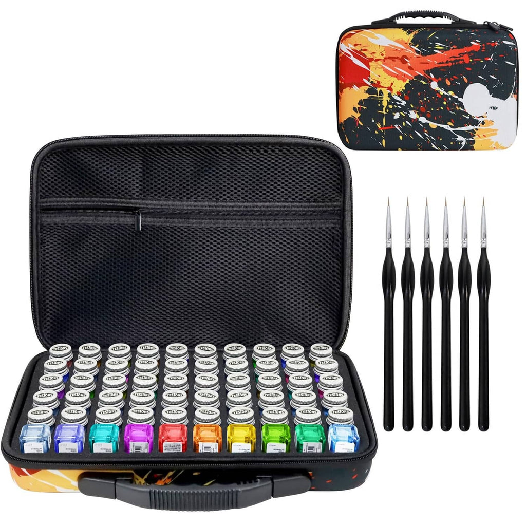 Paint storage case with 60 slots, open black foam insert and matching paint brushes
