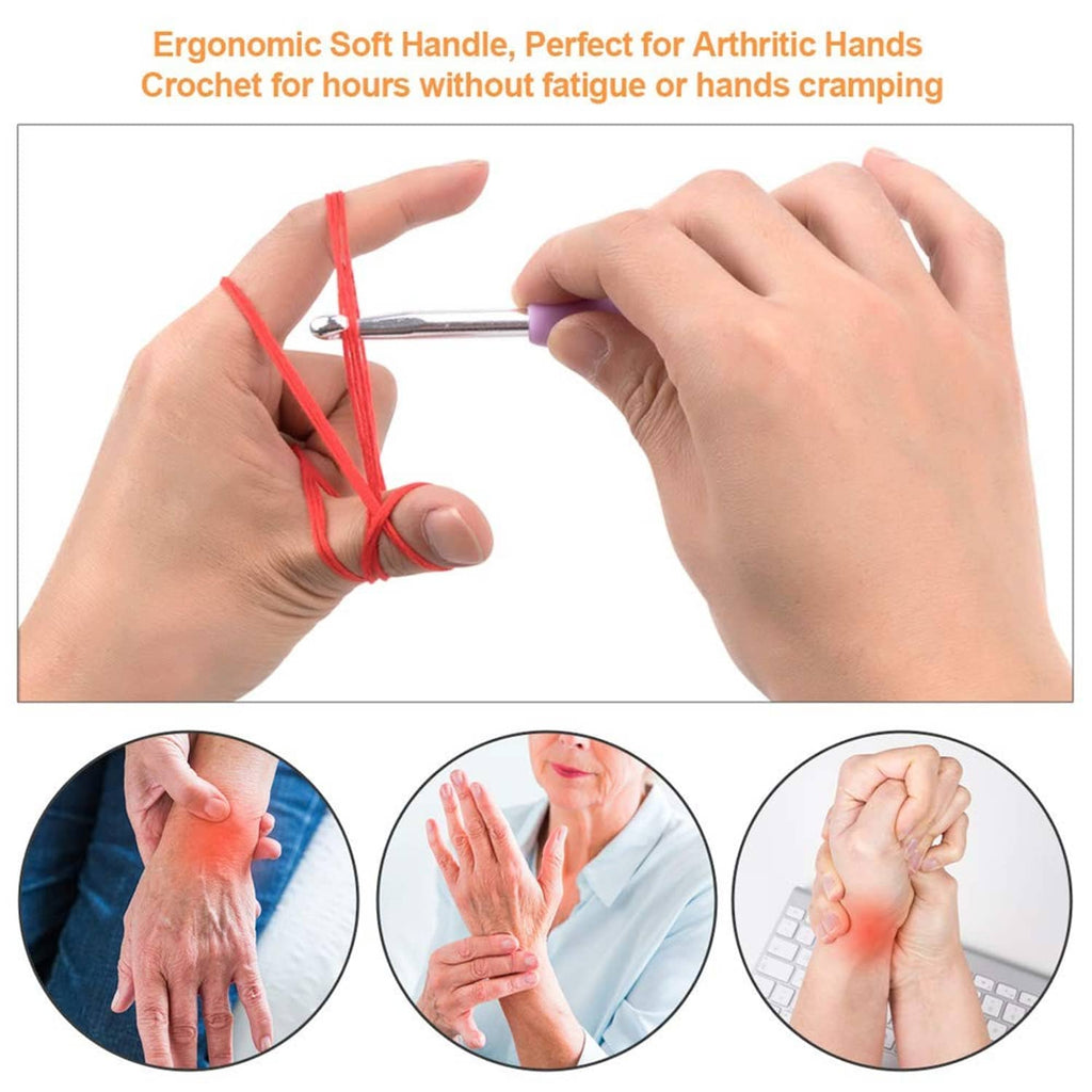 Ergonomic crochet hooks held in hands for yarn crafting with soft-grip handles