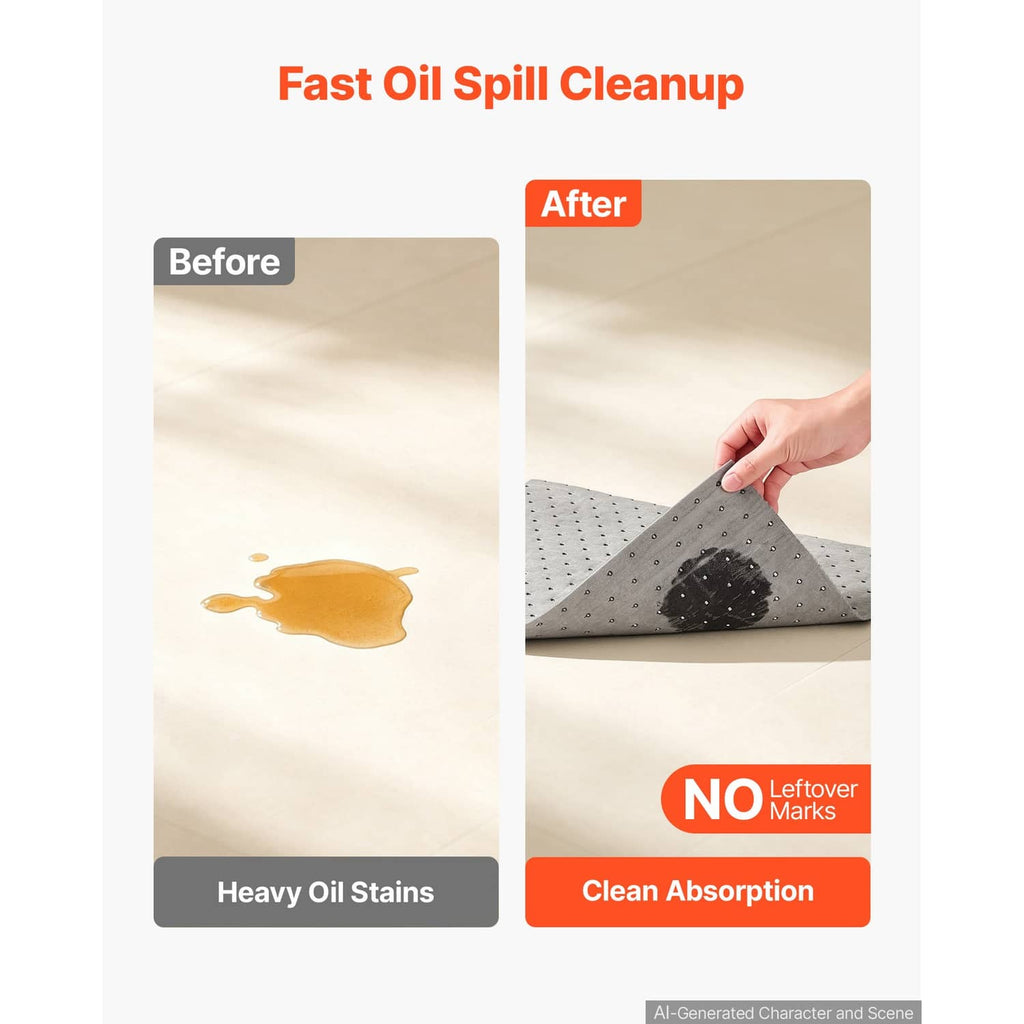 Gray absorbent pad being placed over a spill stain to absorb liquid without mess