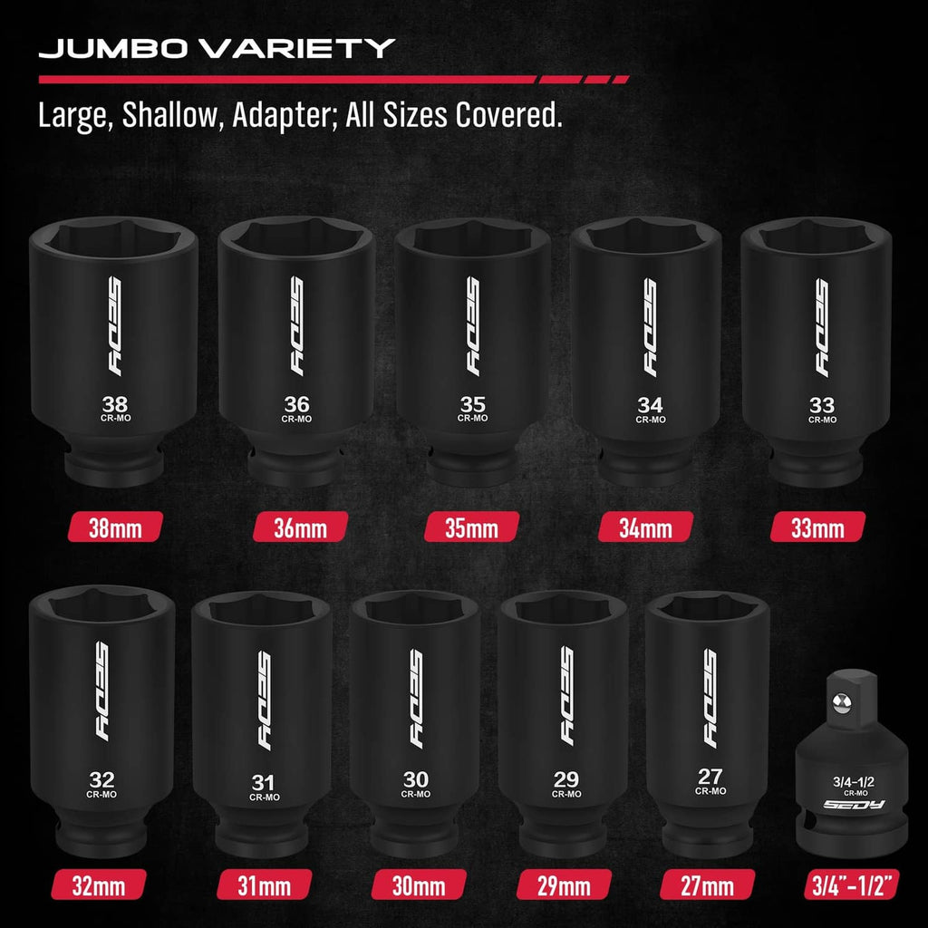Assorted black metric deep impact sockets with size labels and adapter