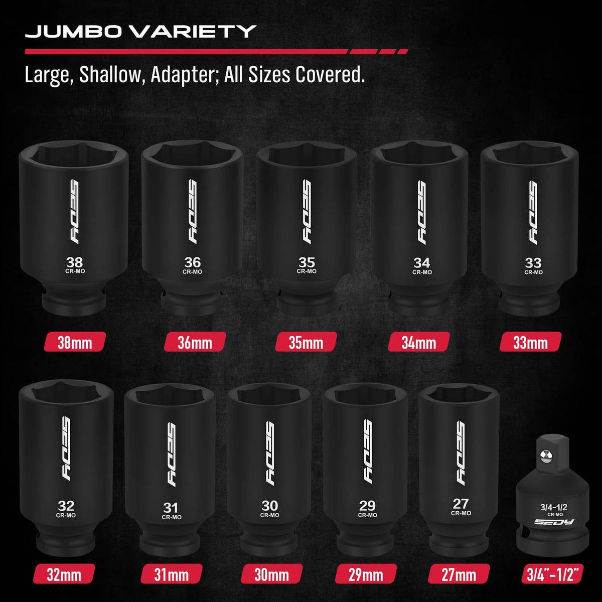 Assorted black metric deep impact sockets with size labels and adapter