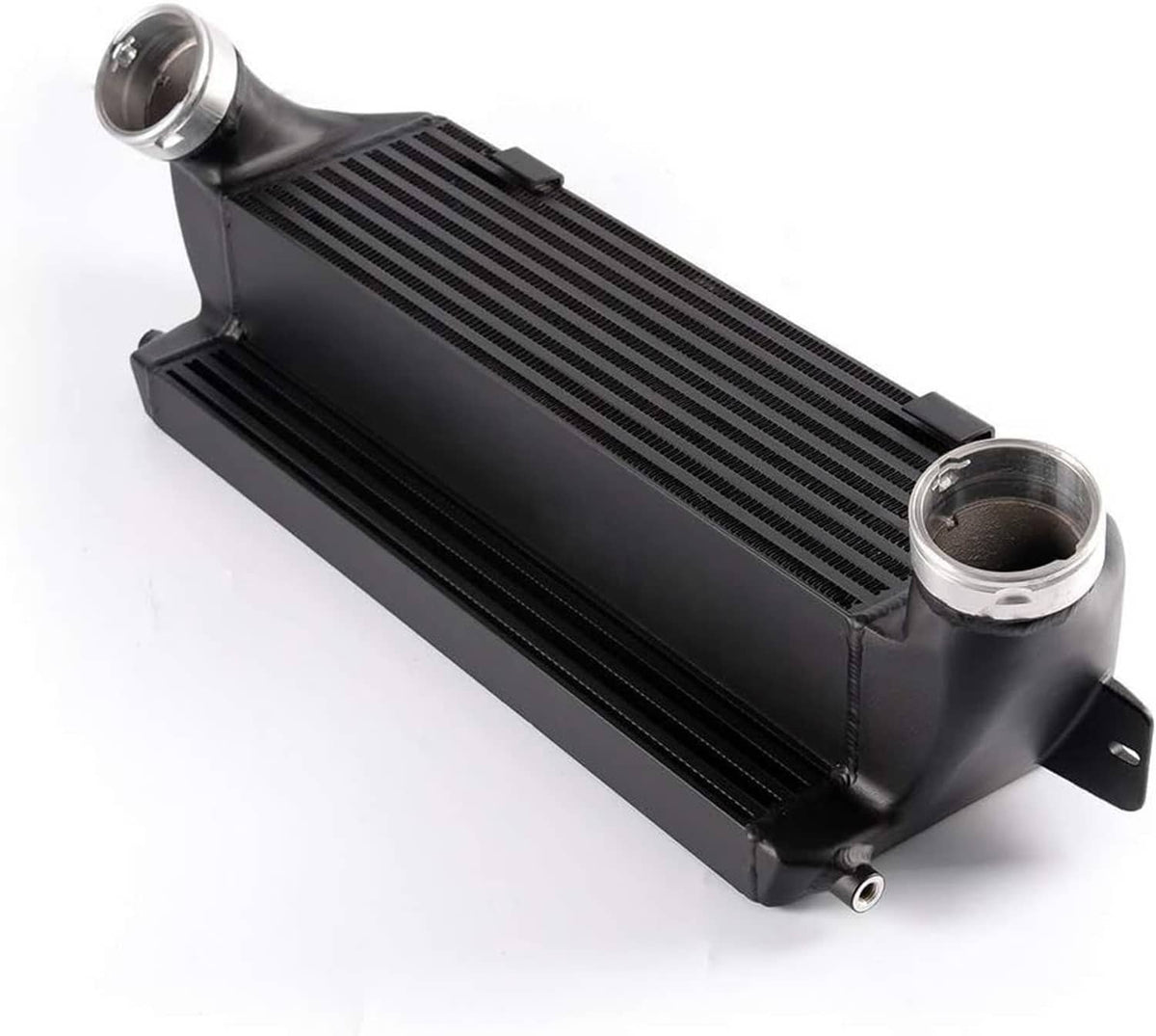 Front-mount intercooler kit with black ribbed core and silver-edged end pipe ports