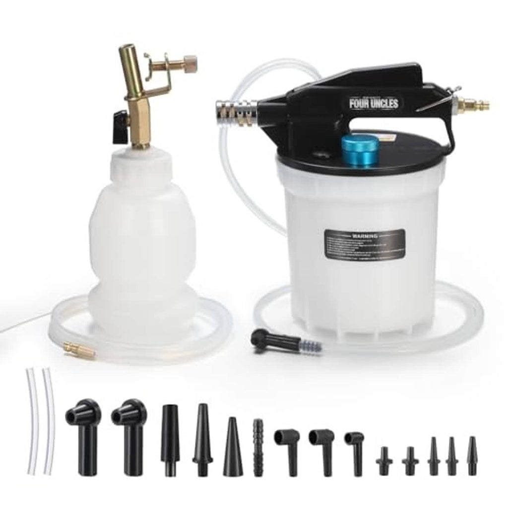 Vacuum brake bleeder pump kit with white reservoir, black top, blue knob, hoses and adapters