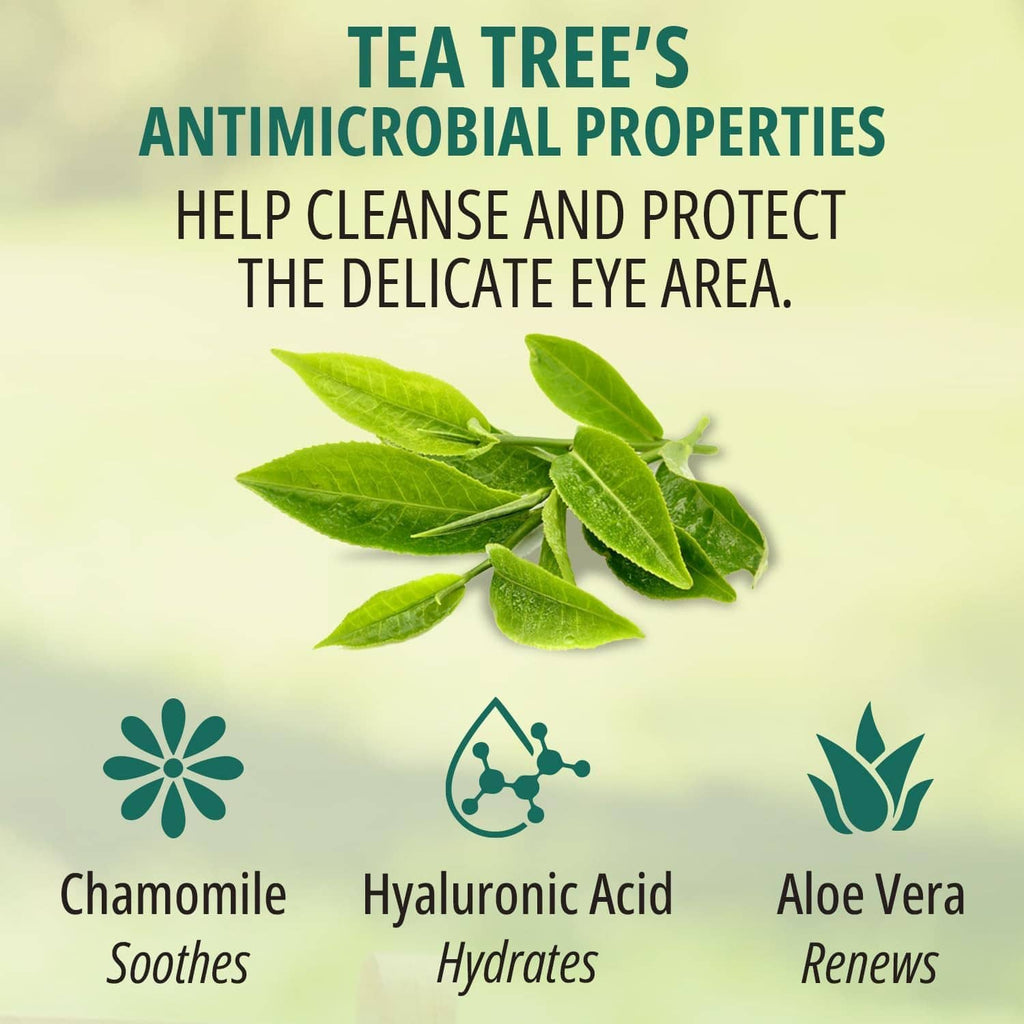Tea tree ingredient benefits panel with green leaves, chamomile, hyaluronic acid icons