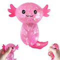 Pink glitter axolotl squish toy with smiling face, squishy body and side fins