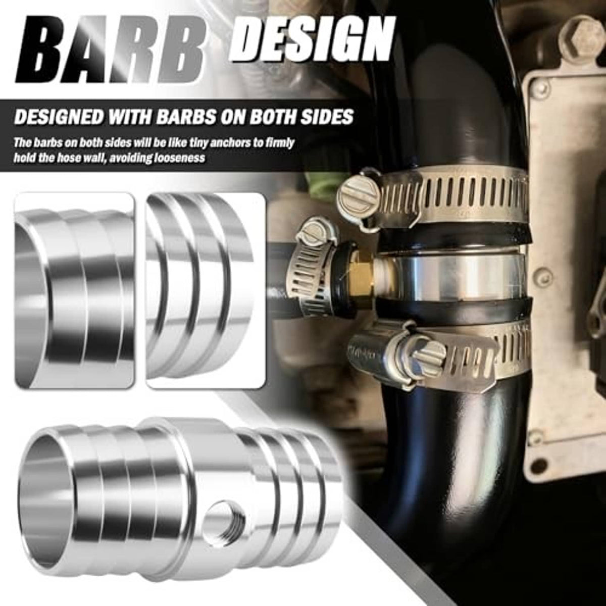 Car radiator hose adapter with barbs on both ends and 1/8 in NPT steam port