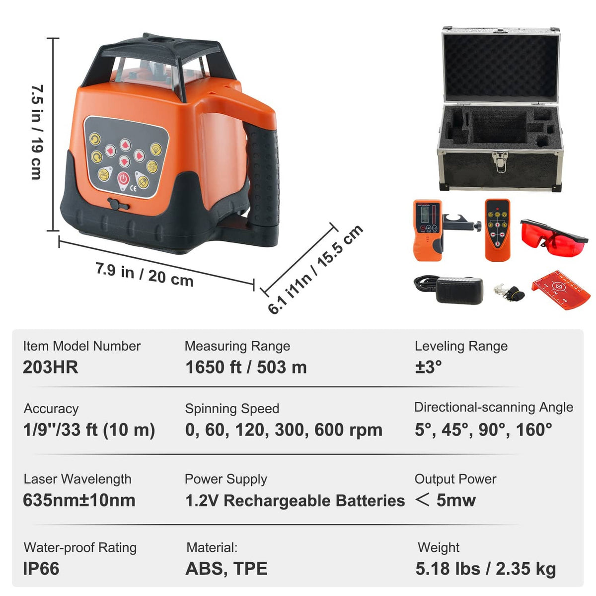 Orange and black rotary laser level with accessories, case, and size dimensions