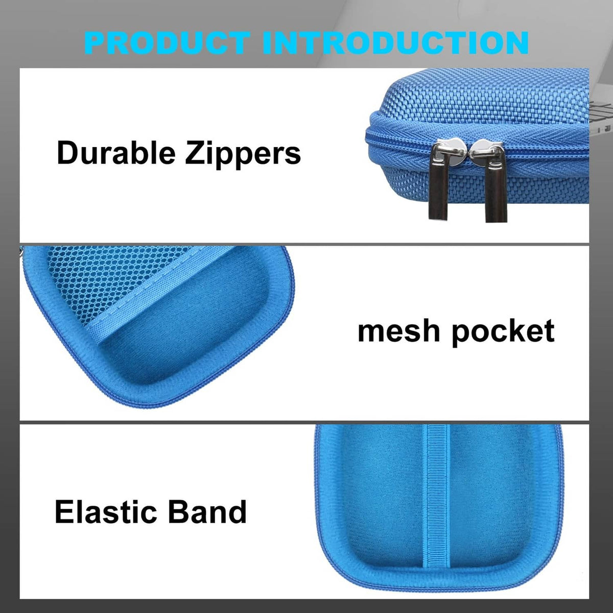 Blue SSD case with durable zipper, mesh pocket, and elastic band interior