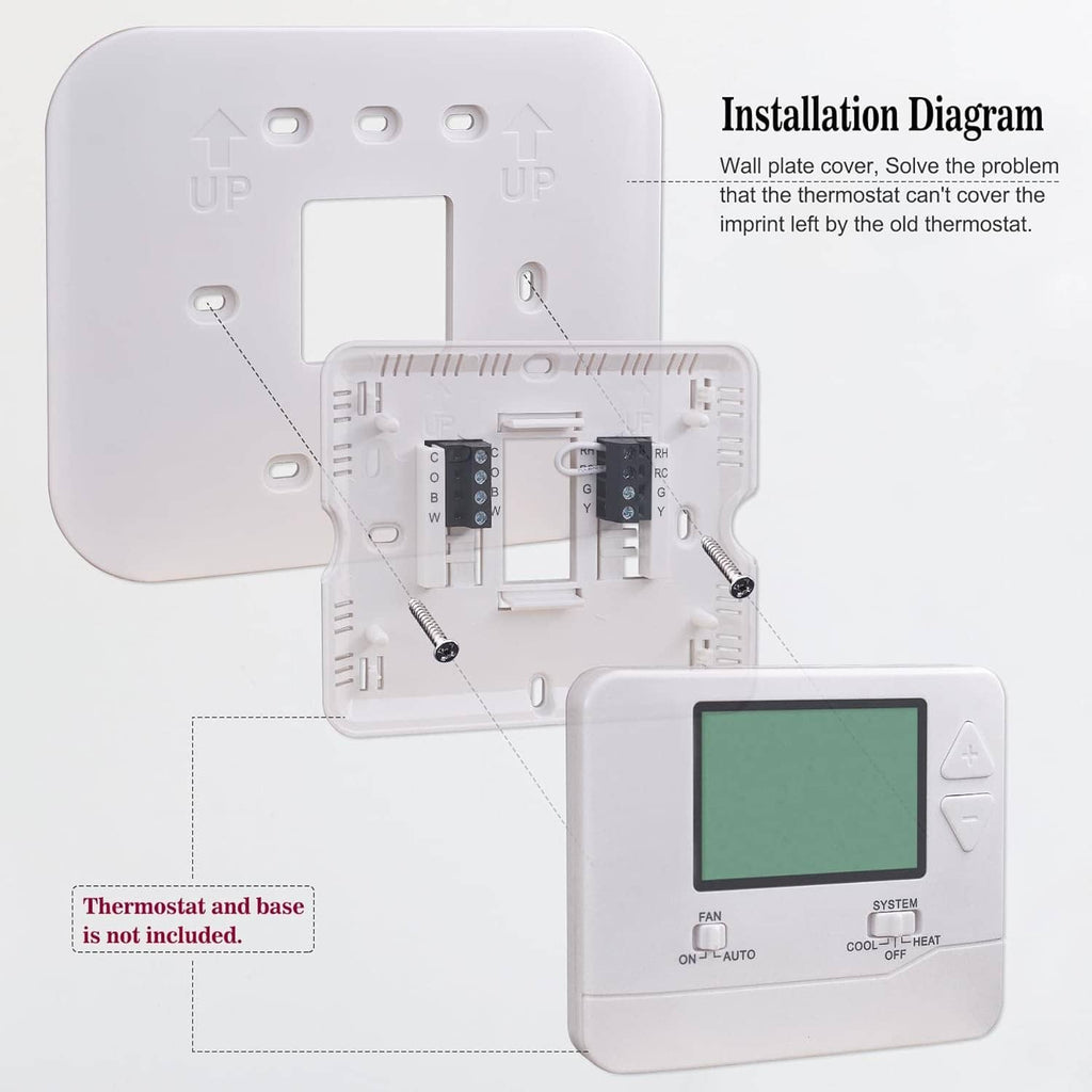 Off-white thermostat wall plate cover shown with installation placement diagram