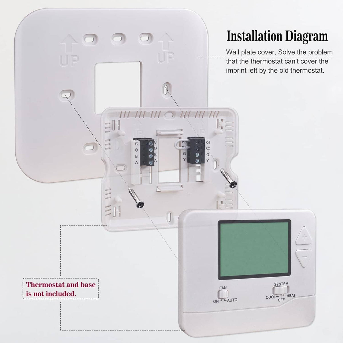 Off-white thermostat wall plate cover shown with installation placement diagram