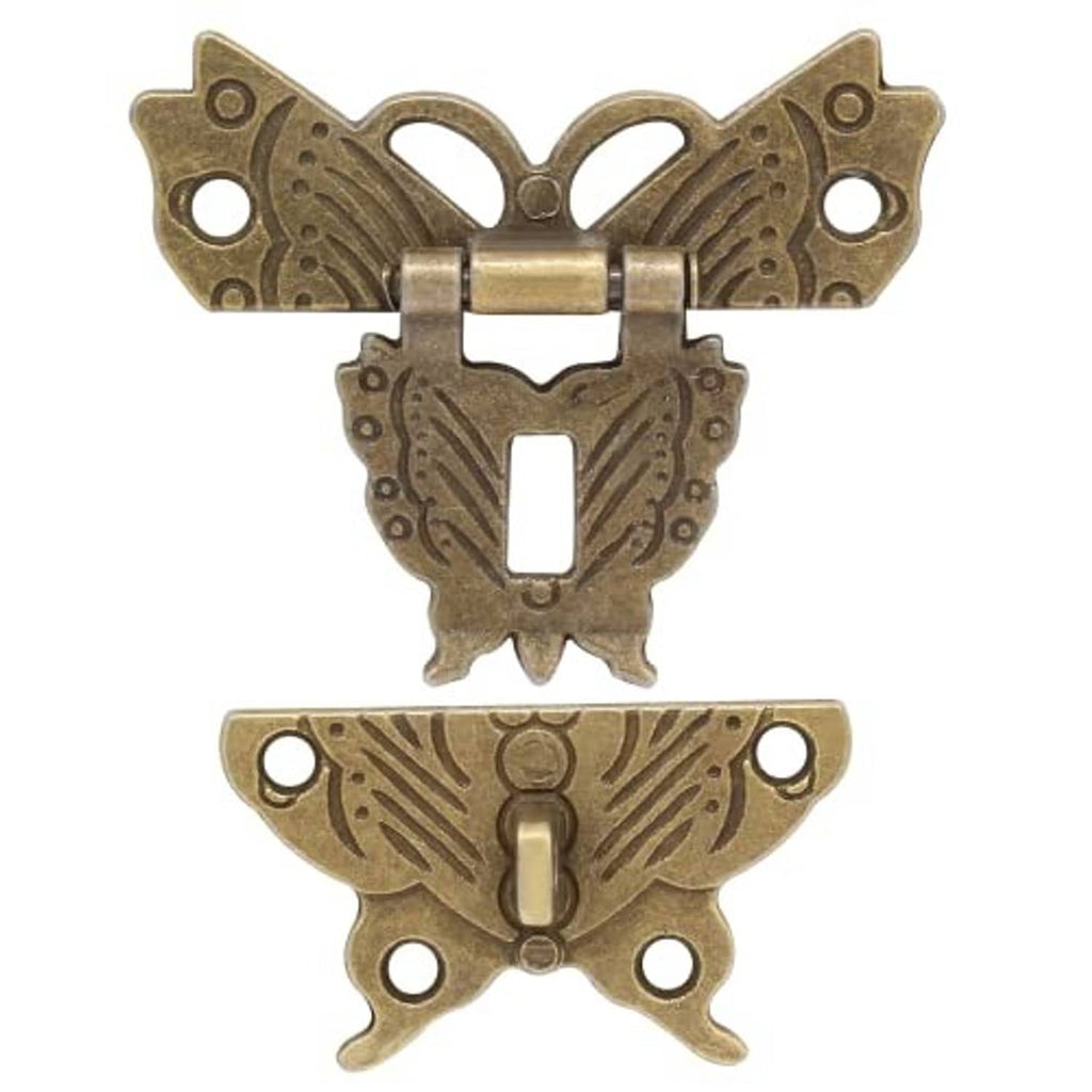 Antique brass butterfly hasp latch, close view of top and bottom pieces
