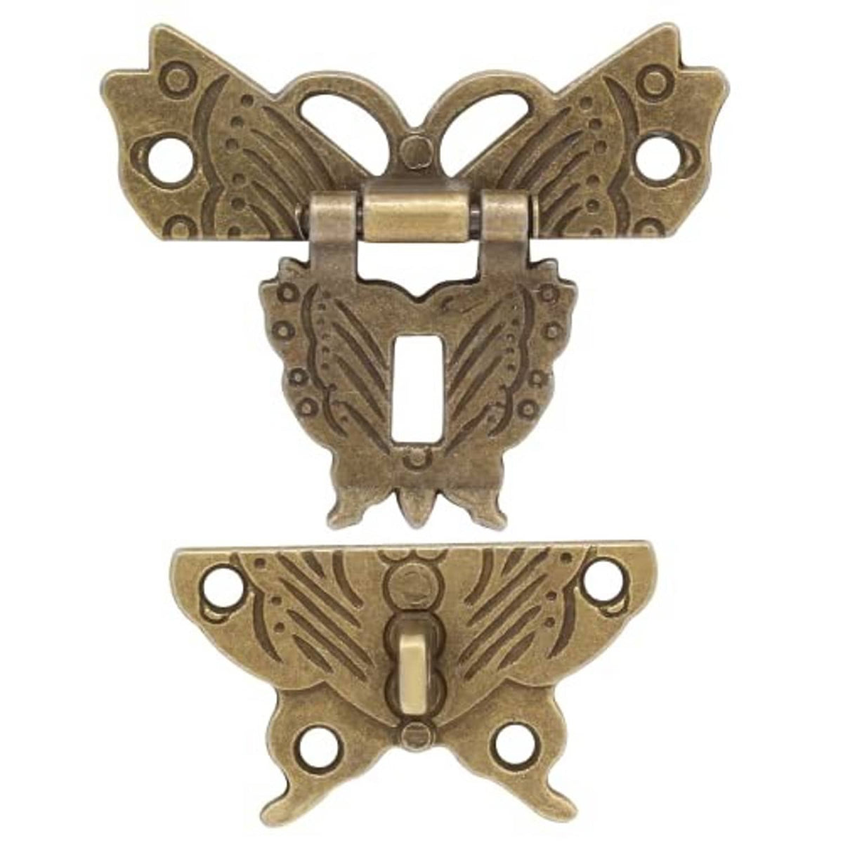 Antique brass butterfly hasp latch, close view of top and bottom pieces