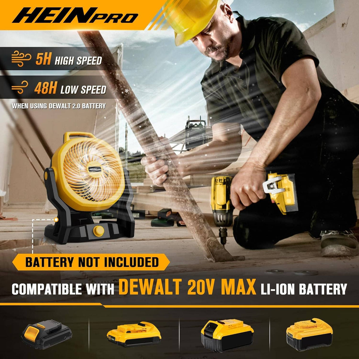 Yellow portable fan on black base with AC adapter shown, compact cordless design