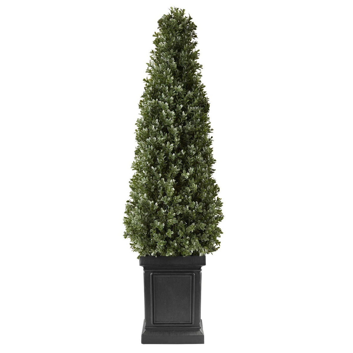 Artificial boxwood topiary cone in dark green with black square pot, full view