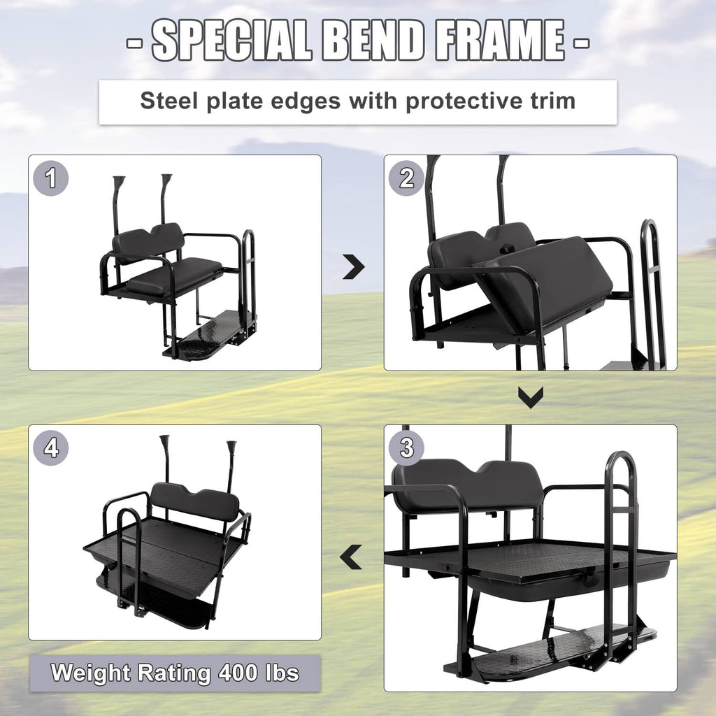Black rear flip seat kit frame with bent steel supports, padded seat, and step platform