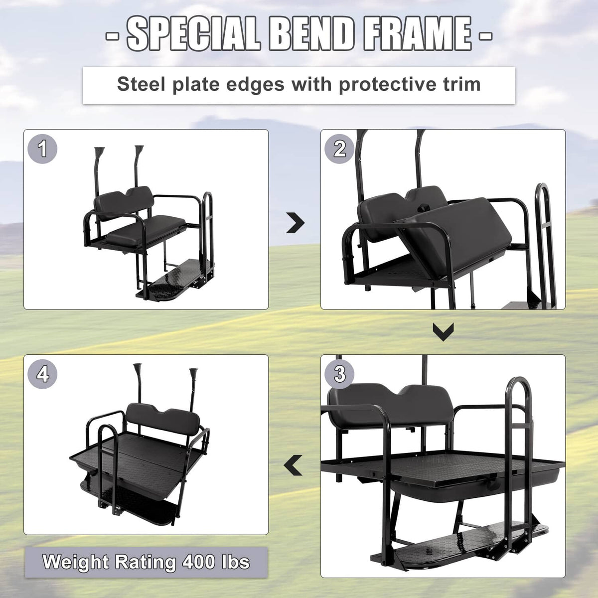 Black rear flip seat kit frame with bent steel supports, padded seat, and step platform