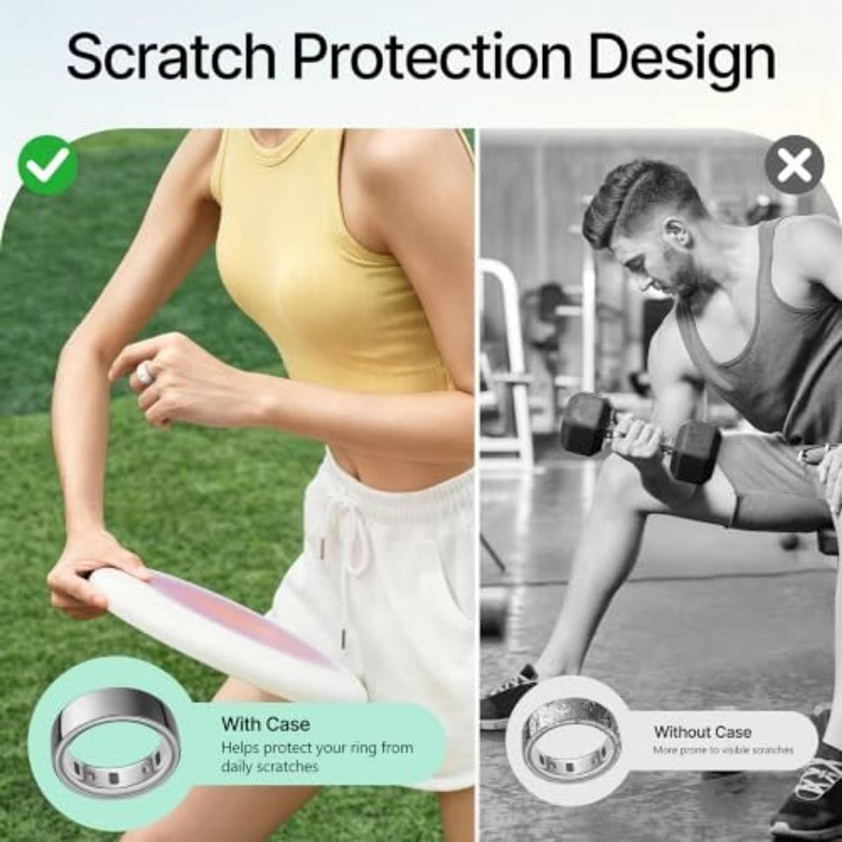 Scratch-protection silicone ring cover with case and without-case mockups shown