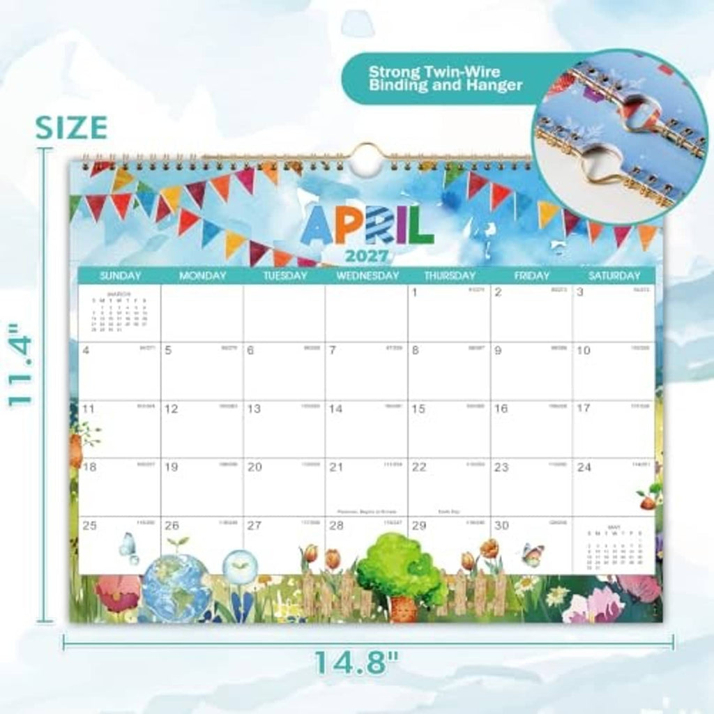 April 2027 wall calendar page with colorful bunting flags and nature scene, size marked 11.4