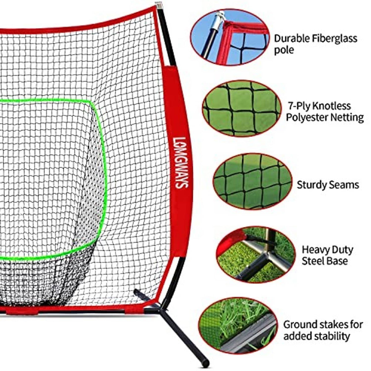 Red and white practice net with green edging, black poles, and ground stakes