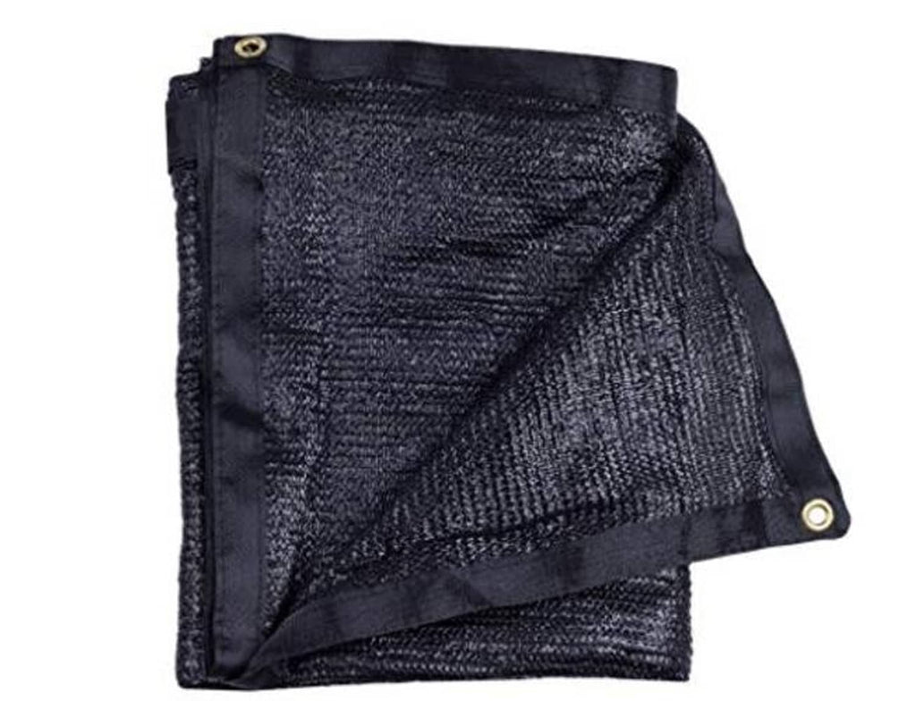 Black mesh shade panel with reinforced border and brass grommets, folded angle view