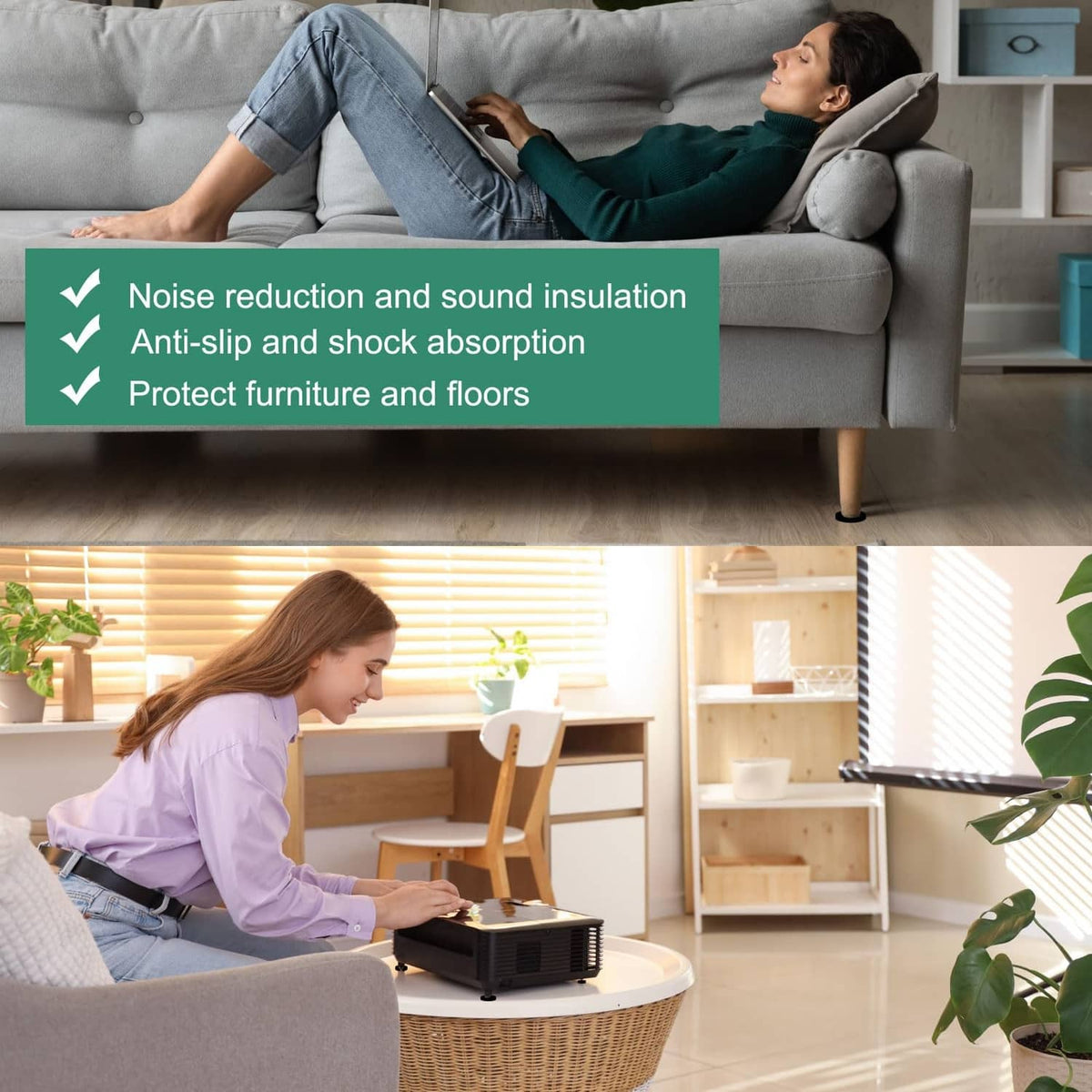 Black round non-slip furniture pads under sofa legs to reduce sliding