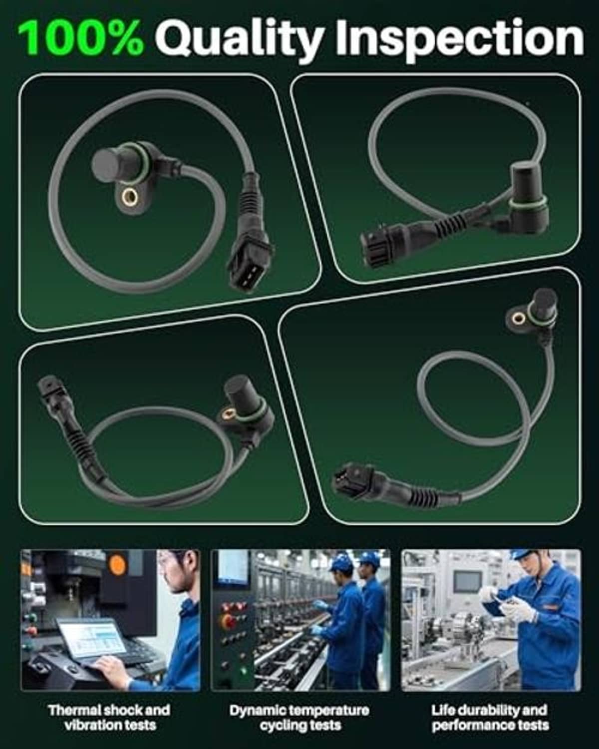Quality inspection infographic showing sensor wiring harness and terminals in multiple angles